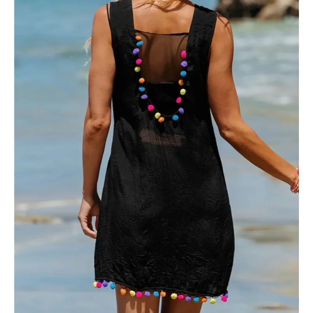 CUPSHE Black Pom Pom‎ Trim Beach Cover Up Dress Open Back Small